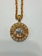 【中古品】 NINA RICCIニナリッチ NRロゴ ストーン付きネックレス ゴールド×シルバー ペンダント ファッション小物 アクセサリー 現状品