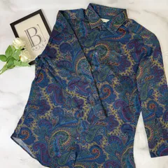 【 鑑定済み 】エトロ コットンシャツ 44 ブルー グリーン ピンク ペイズリー柄 長袖シャツ 202-11451-5601