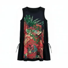 64k19《美品》TOKUKO 1er VOL トクコプルミエヴォル ノースリーブワンピース Aラインワンピース ボタニカル柄 刺繍 サイドリボン レディース 9 ブラックu02t