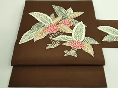 平和屋着物■極上　九寸名古屋帯　型染め　枝花文　茶色地　鬼しぼ縮緬　逸品　DZAB1513kh5