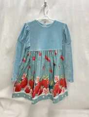 Shirley Temple シャーリーテンプル イチゴ柄 花柄 ワンピース ブルー系 グリーン系 袖口フリル ファスナー ポケット有り 120cm