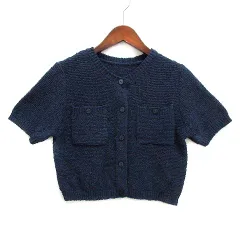 未使用品 アンドサーチ And Search スクエア ポケット ブークレ ニット 半袖 カーディガン ネイビー 紺 M
