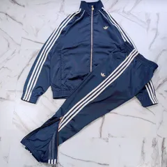 adidas originals ポリエステルサテン プレミアム トラックトップ トラックパンツ セットアップ XL･L スリーストライプ ゴールドトレフォイルロゴ刺繍 ゴールドジップ ネイビー×ホワイト×ゴールド ハイネック