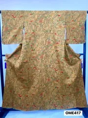 【着物】小紋　正絹　抽象柄　風景　街並み　アースカラー　建築物　着物　和装　OME417