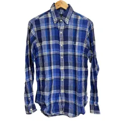 美品 RALPH LAUREN ラルフローレン チェック柄 長袖 ボタンダウン リネンシャツ S ブルー メンズ 古着 中古 USED