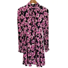 美品 kate spade new york ケイトスペード フローラルスモックドレス 長袖 ひざ丈 ワンピース 4 ブラック×ピンク レディース 古着 中古 USED