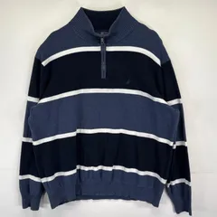 古着 ノーティカ NAUTICA ニット 大きいサイズ ハーフジップ プルオーバー ワンポイントロゴ ボーダー柄 2XL  ブラック メンズ