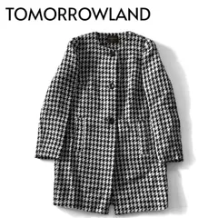 TOMORROWLAND collection トゥモローランドコレクション ツイードコート 千鳥格子 ノーカラー ウール 38 ホワイト×ブラック ★M37