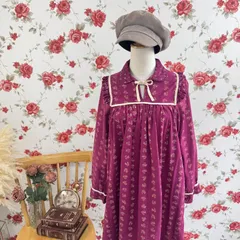【vintage】深紅パープル×小花柄＊フリル襟ヨーク切替ワンピース／レトロ可愛い／長袖／サイズ40