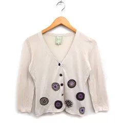 シビラ SYBILLA Vネック カーディガン 刺繍 コットン ニット M ライトベージュ /FT44