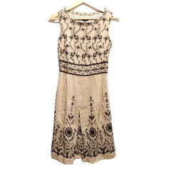 TOCCA(トッカ) ワンピース サイズ0 XS レディース美品  - ライトブラウン×黒 クルーネック/ノースリーブ/ひざ丈/刺繍/花柄