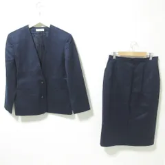 美品 Aquascutum アクアスキュータム ヴィンテージ ノーカラージャケット×タイトスカート スーツ セットアップ 11/13号 ネイビー レディース 古着 中古 USED