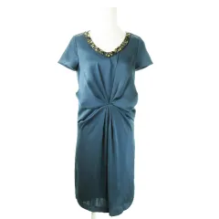 コムサイズム COMME CA ISM ワンピース ひざ丈 Vネック 半袖 ビジュー ドレープ 光沢 華やか フォーマル S 緑 グリーン /AO8