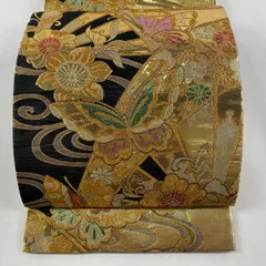 袋帯 秀品 振袖向き 蝶 流水 箔 金色 六通 正絹 【中古】