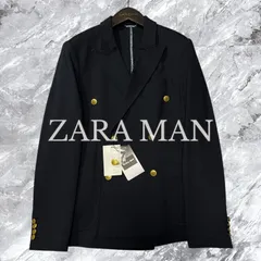 未使用タグ付き ZARA MAN ザラ 未使用タグ付き テーラードジャケット 紺ブレ ブレザー 金ボタン ダブルブレスト コットン 綿 ストレッチ 伸縮性 センターベント 開き見せ ペイズリー ネイビー 紺色 サイズL