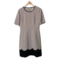 美品 Kate Spade New York ケイトスペード バイカラー スカラップ 半袖 ひざ丈 ワンピース 6 ベージュ×ブラック レディース 古着 中古 USED