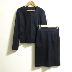 美品 green label relaxing グリーンレーベルリラクシング ノーカラージャケット+スカート スーツ セットアップ サイズ38 ネイビー レディース 古着 中古 USED