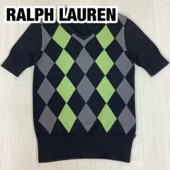 【美品】POLO JEANS Co. RALPH LAUREN ポロジーンズ V ネック 半袖 アーガイルニット レーヨン混コットン セーター S ブラック×グリーン×グレー 着丈55.5cm 肩幅34cm 身幅(脇下)39cm 袖丈23.5cm【古着】