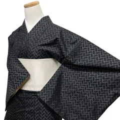 小紋　大島紬　檜垣　黒地　泥染　モノトーン　お洒落　着物　113b d ms