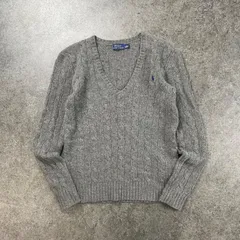 POLO RALPH LAUREN Cable Knit Sweater V-neck ポロラルフローレン ケーブル チェーン ニット セーター Vネック ワンポイント刺繍 ウール/カシミヤ グレー レディース