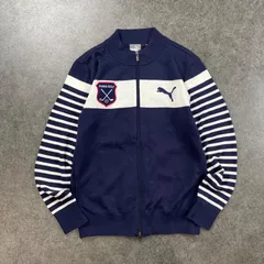 美USED 日本製 PUMA GOLF Full-Zip Jacket プーマ ゴルフウェア フルジップ ジャケット ロゴ刺繍 ボーダー ウール混 ネイビー/ホワイト レディース L