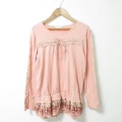 美品 PINK HOUSE ピンクハウス フラワープリント フレアヘム レース リボン 長袖 カットソー プルオーバー ピンク レディース 古着 中古 USED