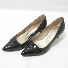 美品 GINZA Kanematsu 銀座かねまつ レザー 切替 ポインテッドトゥ パンプス 22.0cm D ブラック レディース 古着 中古 USED