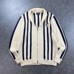 PEARLY GATES Wool Sweater Full-Zip パーリーゲイツ フルジップ ニット セーター ジャケット ショールカラー デザイン ストライプ カーディガン バイカラー ロゴ ワッペン 刺繍 ウール オフホワイト メンズ 6 大きいサイズ