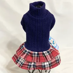 チェックスカート ワンピース (青) 犬服 ペット用品 小型犬 犬の服 ニット