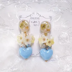 【No.32】パステル ブルー 大きなハート型 イヤリング ニッケルフリー