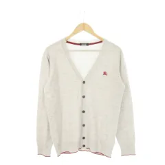 バーバリーブラックレーベル BURBERRY BLACK LABEL ニットカーディガン Vネック 長袖 ウール ライン ロゴ刺繍 3 L グレー /AH16 ■GY27