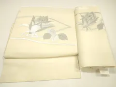 平和屋着物●塩瀬　つけ帯　刺繍　草花文　銀糸　正絹　逸品　DAAY8048cm