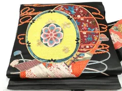平和屋着物●アンティーク　大正ロマン　九寸名古屋帯　駒刺繍　鼓花文　黒地　金銀糸　正絹　逸品　CAAZ4280hy