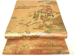【未使用】袋帯　金森一博　漆芸　蘭　六通 平和屋着物▽漆工芸作家 金森一博 六通柄袋帯 御所車花松文 金彩 引箔