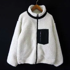 ボア ジャケット ブルゾン オーバーサイズ ジップアップ ハイネック 配色 切替 長袖 M オフ白 アイボリー 黒 ブラック