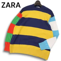 【新品 未使用】 ZARA ザラ マン 通年 現行タグ★ クレイジー切替 コットン ニット ボーダー セーター Sz.M メンズ