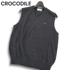 CROCODILE クロコダイル 秋冬 ワニ ロゴ刺繍★ ウール Vネック ニット ベスト Sz.L メンズ 灰 グレー
