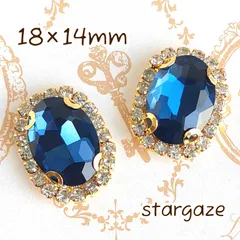 【 3個 】 18×14mm オーバル/楕円 センターパーツ ストーン ビジュー カボション ダークブルー×ゴールドフレーム