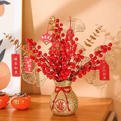 【迅速発送】siawadeky お正月飾り 造花セット 新年飾り 赤いベリー お金の葉 幸運 お金を招く 枯れない植物 クリスマス飾り 縁起のいい 迎春 新春 飾り 引っ越し ギフト 装飾花 花瓶付き お祝いのカード付き 0
