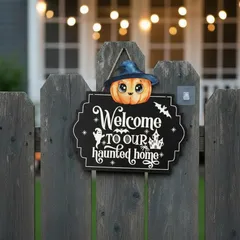 【迅速発送】ハロウィン 飾り ウェルカムボード 吊り下げ 玄関 ドア 壁掛け 装飾 木製 プレート 魔女 かぼちゃ パーティー グッズ おしゃれ インテリア (WELCOME) 1