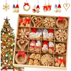 【迅速発送】クリスマスツリー オーナメント 52点セット クリスマス飾り 麦わら細工 ストロー わら 雪花 てるてるぼうず クリスマスプレゼント 装飾品 花輪 紐付き クリスマスプレゼント 木箱入れ (52個セット) 1