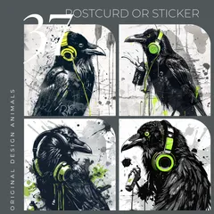 オリジナルデザイン アニマル ポストカード ステッカー マット紙 選べるタイプ 同柄 ハガキサイズ 可愛い 癒し イラスト 紙もの コラージュ カラス 音楽を聴く ヘッドセット POP系 かっこいいアート