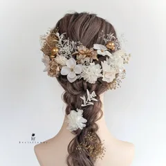 上品な淡色カラーの髪飾り 成人式 卒業式 結婚式 七五三 髪飾り ドライフラワー 白 ゴールド No.220