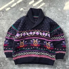 【OUTLET】セーター ニット 総柄 ノルディック 個性的 ショールカラー ローゲージ  幾何学模様 オーバーサイズ 古着