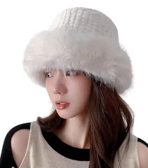 [kanaelun] レディース ベーシック バケハ バケットハット ふわふわ 帽子 無地 フリーサイズ 防寒 ブラック ホワイト プレゼント 秋 冬 レトロ風 ニット 漁夫帽 黒 白 ファッション もこもこ (Free  [ホワイト] [Free Size]