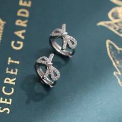 リボンフープピアス ワンタッチ式 ジルコニア キラキラ シルバー 両耳