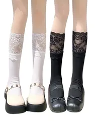 [kanaelun] レディース ニーハイソックス ２足組 カーフ フリーサイズ 膝上 ハイ ソックス ニーハイ ニーソ 靴下 ブーツ リブ編み 大人 レース 透け感 ハイカット ブーツ用 膝丈 膝下 クルー ショ [白×黒（ひざ下）] [Free Size]