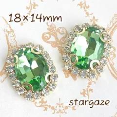 【 3個 】 18×14mm オーバル/楕円 センターパーツ ストーン ビジュー カボション ライトグリーン×ゴールドフレーム