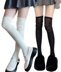 [kanaelun] レディース ニーハイソックス ２足組 フリーサイズ 膝上 ハイ ソックス ニーハイ ニーソ 靴下 ブーツ リブ編み 大人 レース 透け感 ハイカット ブーツ用 膝丈 膝下 ア ンクル ショート (白×黒) [ホワイト/ブラック]