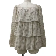 ナチュラルビューティーベーシック NATURAL BEAUTY BASIC ブラウス カットソー プルオーバー スクエアネック 水玉 ドット シフォン シアー 透け感 ティアード 長袖 S ベージュ 黒 ブラック